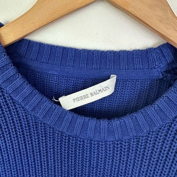 Pierre Balmain Women’s Fine Indigo Blue Heavy Weight Cable Knit Crewneck Sweater - Picture 4 of 8